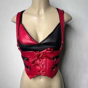 Harley Quinn Red and Black Lace-Up Crop Top